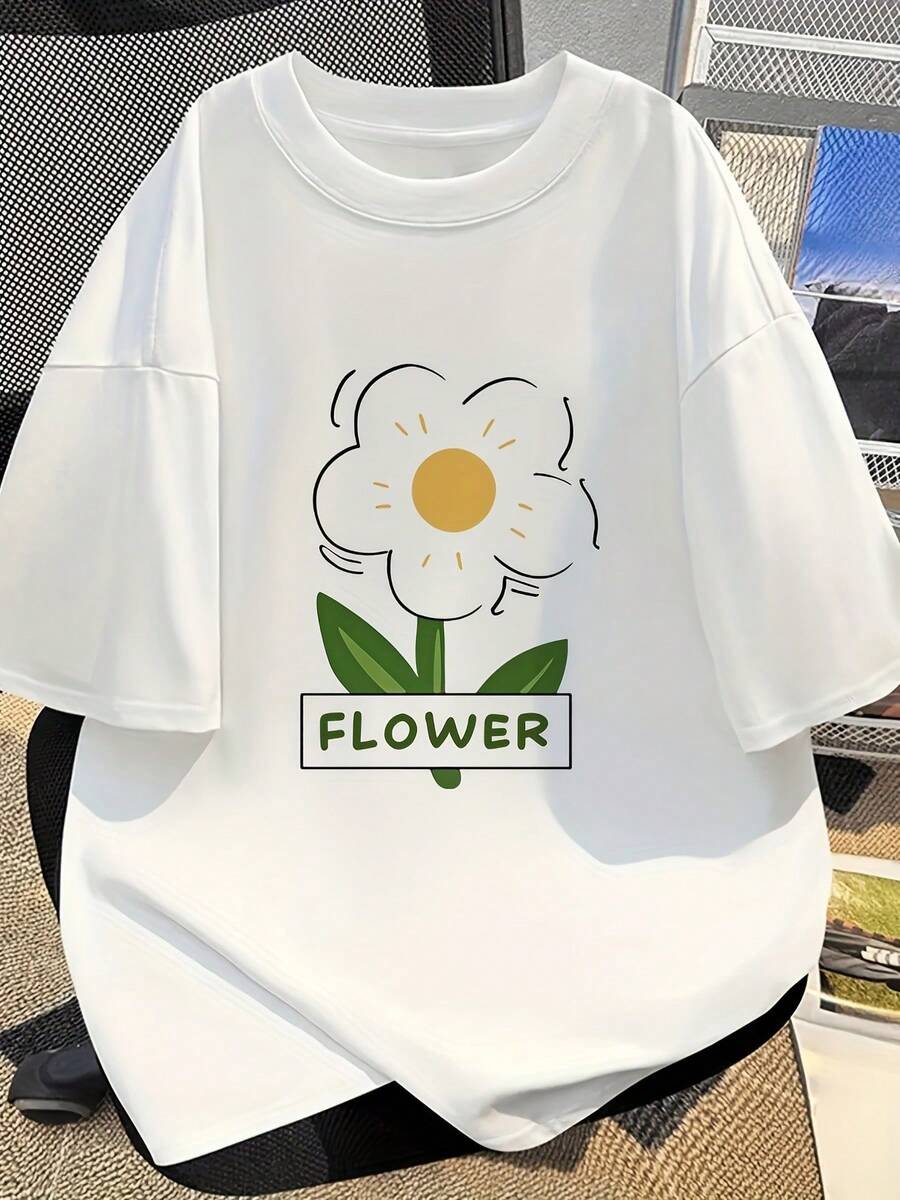 Women's White Short Sleeve T-Shirt, Modern Minimalist Style - Korean Style Top, Casual Summer Shirt, Simple Floral Short Sleeve Design, Lightweight T-Shirt, Suitable For Casual Daily Wear. - 白色 - 查看 1