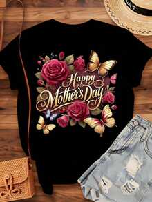 Happy Mother's Day T-Shirt With Roses And Butterflies Design For Women, Casual T-Shirt For Mother's Day Gift, 220g - Urban Vintage Style, Unisex, 100% Pure Cotton, Short Sleeve, Round Neck. - 黑色 - 查看 4