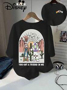 Disney Authorized, Toy Story Woody And Buzz Lightyear With Desert Background Printing, Disney's New Summer Short-Sleeved T-Shirts, Casual And Fashionable Printed T-Shirts, Elegant Women's Tops. - 黑色 - 查看 1