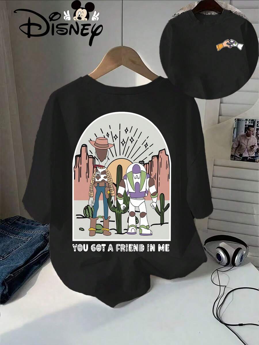 Disney Authorized, Toy Story Woody And Buzz Lightyear With Desert Background Printing, Disney's New Summer Short-Sleeved T-Shirts, Casual And Fashionable Printed T-Shirts, Elegant Women's Tops. - 黑色 - 查看 1