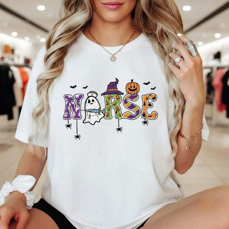 Women's Halloween Nurse Print Cotton T-Shirt, Cute Graphic Tee With Ghost, Pumpkin And Witch Hat, Casual Short Sleeve Top, Nurse Costume T-Shirt For Parties, Comfortable And Breathable Basic T-Shirt For Halloween Celebrations. - 白色 - 查看 1