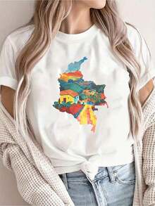 Camisetas Gráficas Casuales 2026 para Mujer, Manga Corta, Diseño Colorido con Paisajes - Estampado Vibrante, Cuello Redondo, Top de Verano, Lavable a Máquina, Estilo Urbano para Vacaciones, Diseño Moderno, Ajuste Cómodo, Ropa Casual 100% Algodón. - Blanco - Ver 7