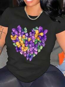 Women's T-Shirt, Floral Heart Print, Spring/Summer Fashion, New Arrivals, Women's Clothing, Gifts For Women - 黑色 - 查看 2