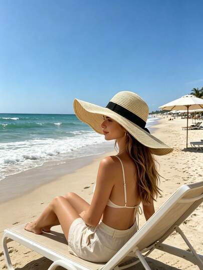 1 chiếc mũ chống nắng gấp gọn thanh lịch dành cho nữ - màu kaki, trang trí bằng ruy băng lưới kiểu cổ điển, chống tia UV, thích hợp cho kỳ nghỉ hè.