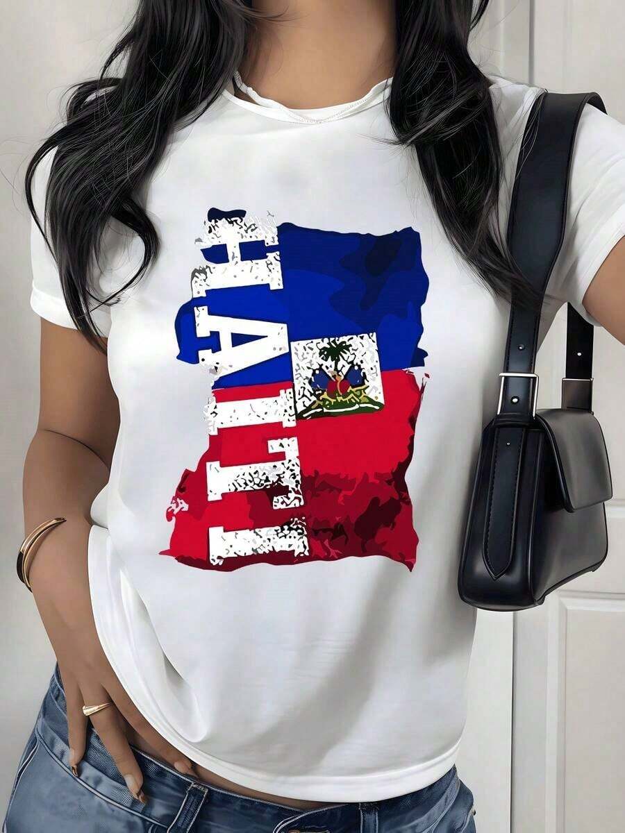 Camiseta con Estampado Gráfico de la Bandera y Mapa de Haití, 180g, 1 Pieza, Inspirada en Viajes, Casual para Mujer, 100% Algodón, Ropa de Verano - Blanco - Ver 1