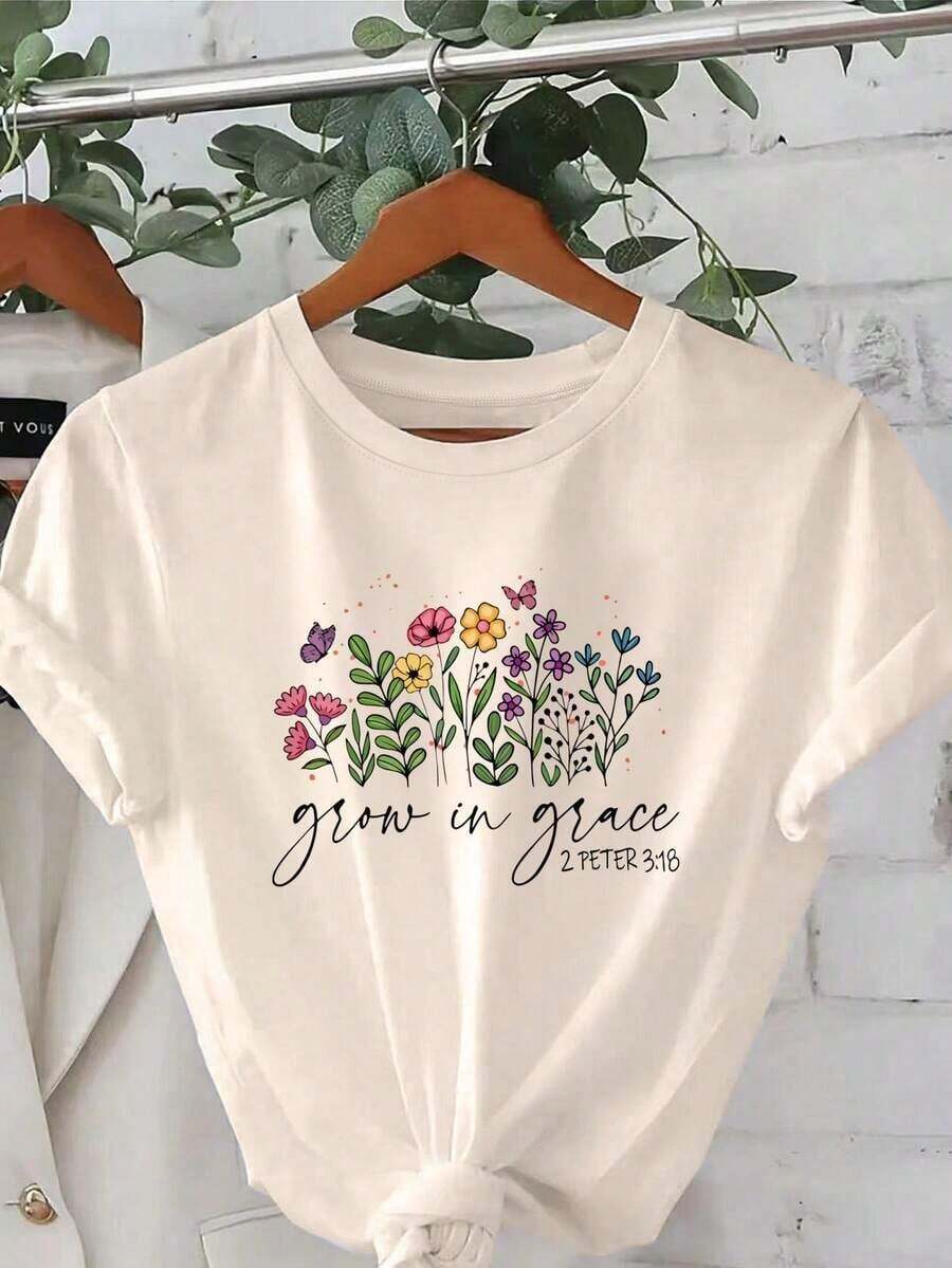 Fashionable Printed T-Shirt, Round Neck, One Size Fits Most Women, Short-Sleeved Summer T-Shirt With Round Neck, Casual Sportswear. I78O 100% Cotton - 杏 - 查看 1