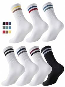 4 Pasang Kaos Kaki Olahraga Pria Model Crew, Kaos Kaki Katun Bernapas dengan Pola Garis, Kaos Kaki Kasual Tinggi Unisex Cocok untuk Musim Semi/Panas, Tahan Bau - MultiWarna - View 1