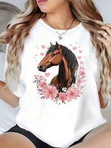 Short-Sleeve T-Shirt. Portrait Of A Noble Horse Surrounded By Pink Flowers And Hearts Symbolizing Strength And Feminine Tenderness. Women's T-Shirt, 220g Cotton. Blouses. Pretty. 100% Cotton. - 白色的 - 查看 1