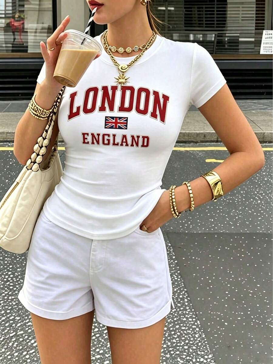 London England 大學風上衣，Y2K 風格圖案 T 恤，修身休閒短袖，街頭風夏季白色 T 恤