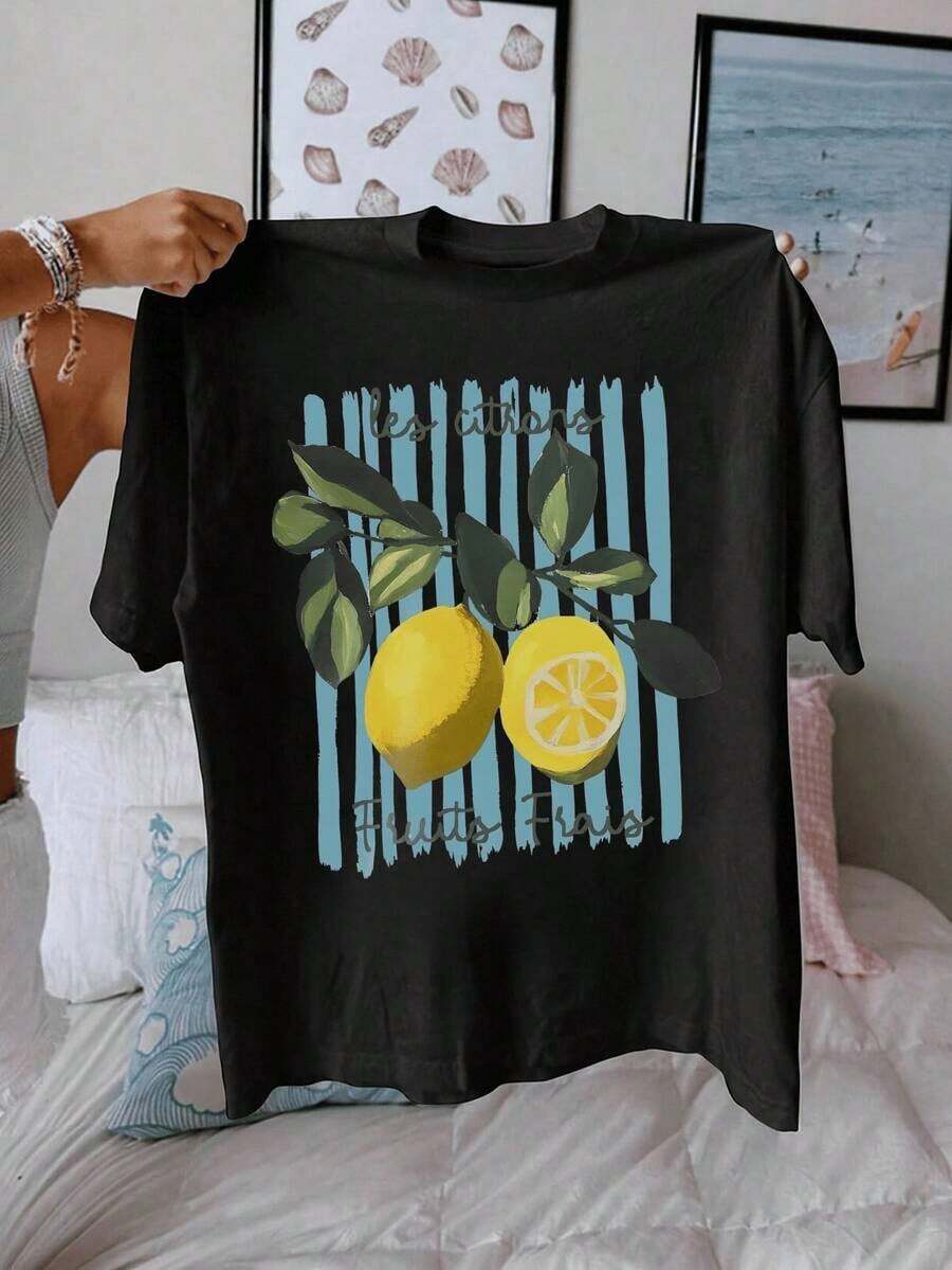 Mexican Basic 1 Letters Floral Leaf Casual None Beach Party Night Wedding Office Women's Slim Fit Casual Short Sleeve Lemon Print T-Shirt Cherry Strawberry Lemon New Launch - 黑色 - 查看 1