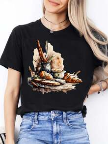 Plus Size - Plus Size - Women's Fashion Casual Crew Neck T-Shirt For New Year's | Short Sleeves, Slightly Stretchy Fabric, Geometric Bread Knife Pattern, Suitable For Daily Wear, An Ideal Gift For Friends And Family, Plus Size. - 黑色 - 查看 1