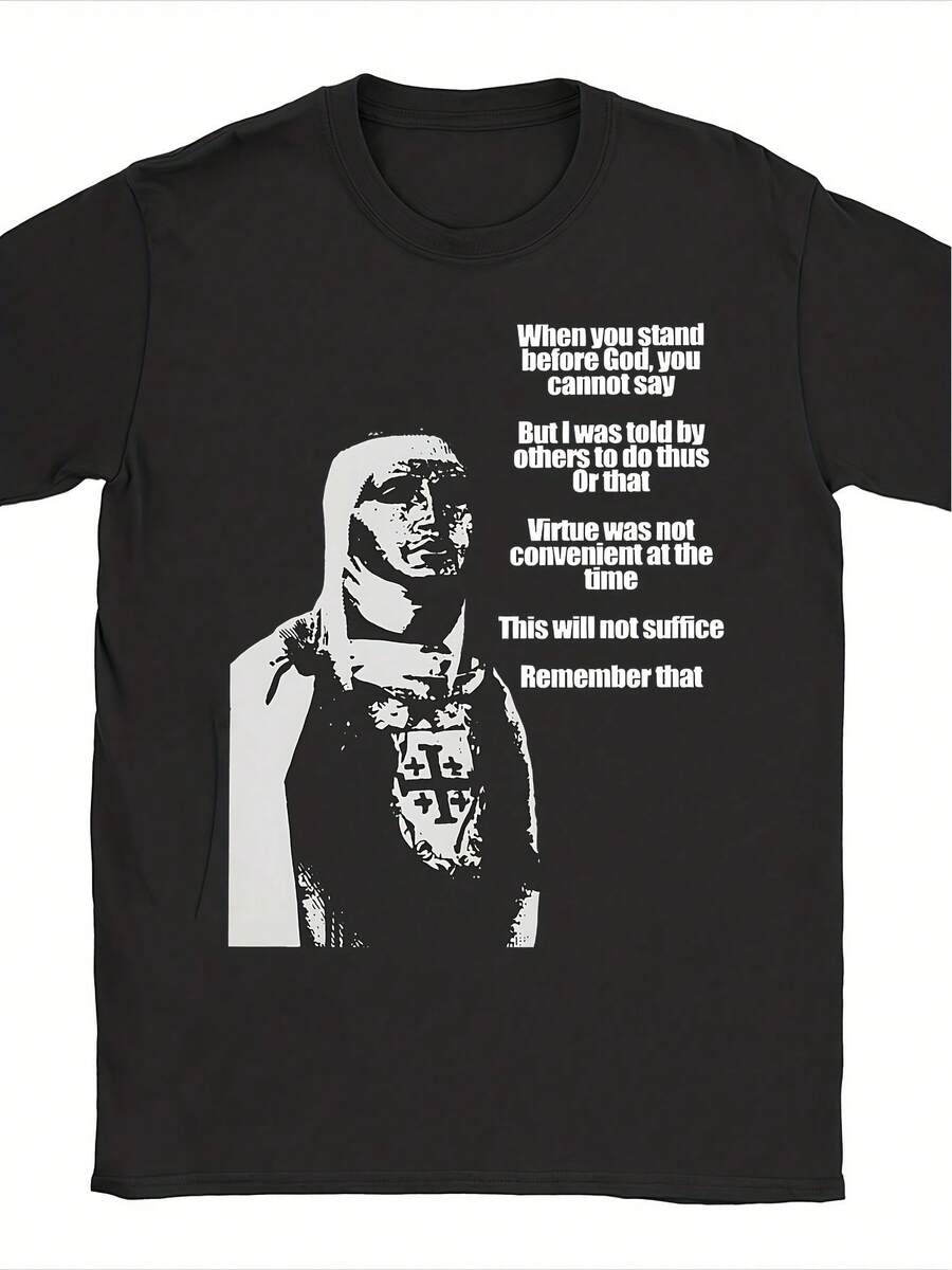 2026 Fashion Retro Vintage Unisex T-Shirt With Baldwin IV Jerusalem Print - Casual Crew Neck T-Shirt For Couples, Featuring The "King Of Madness" Design And The Phrase "When You Stand Before God", Loose Streetwear Style Fit, Suitable For House Parties And Travel. - 黑色 - 查看 1