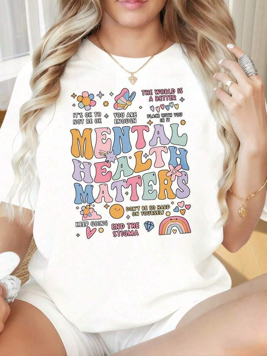 Women's T-Shirt With A Round Neck And Short Sleeves, Featuring A Fun Print. This T-Shirt With The Phrase "Mental Health Matters" Is Soft And Comfortable, With Inspirational Quotes And A Colorful Design To Promote Awareness Of Mental Well-Being And Self-Care. Suitable For Valentine's Day, Christmas, Parties, Sports Activities, Holidays, Outings, And Other Festive Occasions. Perfect For Everyday Wear. - 白色 - 查看 1