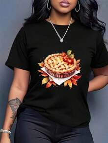 Plus Size Women's T-Shirt, 200 G/M² - Black With Cake Print - Plus Size Casual Wear For Everyday And Thanksgiving - Breathable Essential T-Shirts For Everyday, Women's T-Shirts, Comfortable Summer Clothes, Festive Print T-Shirt, Durable Fabric T-Shirt. - 黑色 - 查看 2