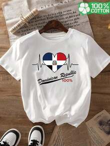 New, Stylish, Crew Neck, Breathable, Casual Short-Sleeve Graphic T-Shirts For Women Featuring Elements Of The Dominican Republic Flag, Perfect For Family Trips, Leisure Days, And Outdoor Activities. 100% Cotton. - 白色 - 查看 6