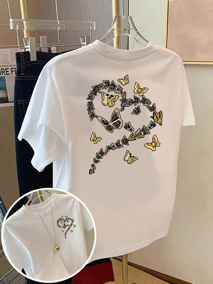 | Exquisite Design | Loose And Comfortable | Easy To Match | T-Shirt With Front And Back Print, Gold Butterfly, Butterfly Print, Round Neck, Short Sleeve, Casual Style For Women, Comfortable Fit, Skin-Friendly Fabric, Classic Design, A Must-Have Fashion Item For Women. - 白色 - 查看 1