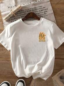 | Exquisite Design | Loose And Comfortable | Easy To Match | T-Shirt With Front And Back Print, Flaming Skull Design, "Stay Passionate" Print, Round Neck, Short Sleeves, Casual Style For Women, Comfortable Fit, Soft-Touch Fabric, Classic Design, A Must-Have Fashion Item For Women. - 白色 - 查看 3