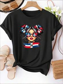 Women's Casual Sports T-Shirt - Black Elastic T-Shirt With Colorful Illustration Of Women And Accessories, Round Neck, Machine Washable, Comfortable Fit, For All Seasons, Unique And Modern Style. - 黑色 - 查看 6