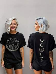 Camiseta Estampada para Mujer - Camiseta Casual de Manga Corta y Cuello Redondo en Negro con Diseños Celestiales y Patrón de Media Luna, Corte Relajado para Todas las Estaciones, Perfecta para el Uso Diario y Atuendos de Vacaciones (Lavable aáquina). - Negro - Ver 1