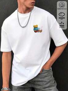 NewSummerCasual Men's T-Shirt, Light Green, Pure Cotton, Spring/Summer, Tailored, Fun Frog Print, Stylish Drop, Soft And Breathable, Loose And Casual, Perfect For Holidays And Festivals, Minimalist Style, Casual Style, Everyday Style, Vacation Style, Fun Print. (Keywords: Summer, Summer Tops, Summer Clothes, Summer Sets, Men's Summer Sets, Summer Top, Men's Summer Set, Men's Casual Blouses, Festival, Party Top, Party, Beach, Gradient, Y2K, Y2K Tops, Country, Country Set) - Vintage Street Style Unisex Loose Cotton Short Sleeve Crew Neck T-Shirt - 白色的 - 查看 3