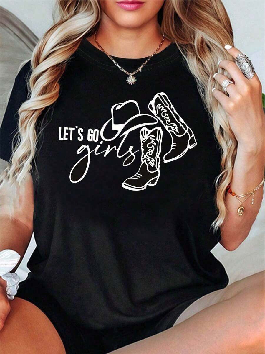 Women's Short-Sleeved Crew Neck T-Shirt, Western Cowboy Style, With 'Let's Go' Print, For Spring And Summer. Suitable As A Gift. Women's T-Shirt. Blouses > Elegant. Boho Chic. Soft, Breathable, And Comfortable Women's Top, Ideal For Spring, Summer, And Autumn, Perfect For Holidays, Travel, And Everyday Wear. - 黑色 - 查看 1