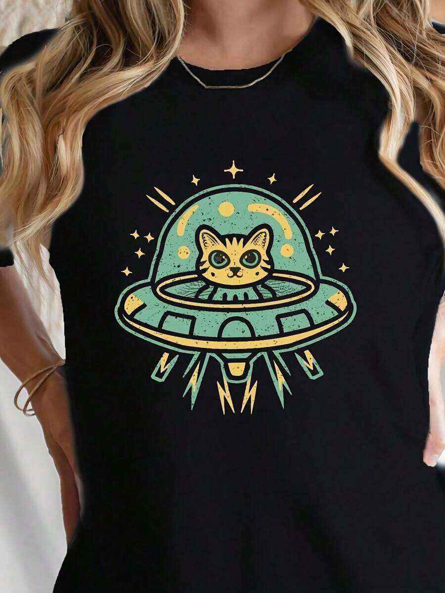 Casual Short Sleeve T-Shirt With Alien Cat Print For Spring And Summer, Women's Clothing, Round Neck, 100% Cotton, Soft Fabric, Short Sleeve - 黑色 - 查看 1