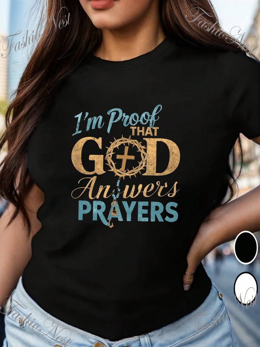 Women's Inspirational T-Shirt With "I Am God's Answer To Prayer" Print - Casual Loose-Fitting T-Shirt With Short Sleeves And A Round Neck With A Cross Design, Breathable For Summer, Suitable For Everyday Wear And Parties, Machine Washable, Comfortable For Daily Wear, R - 黑色 - 查看 1