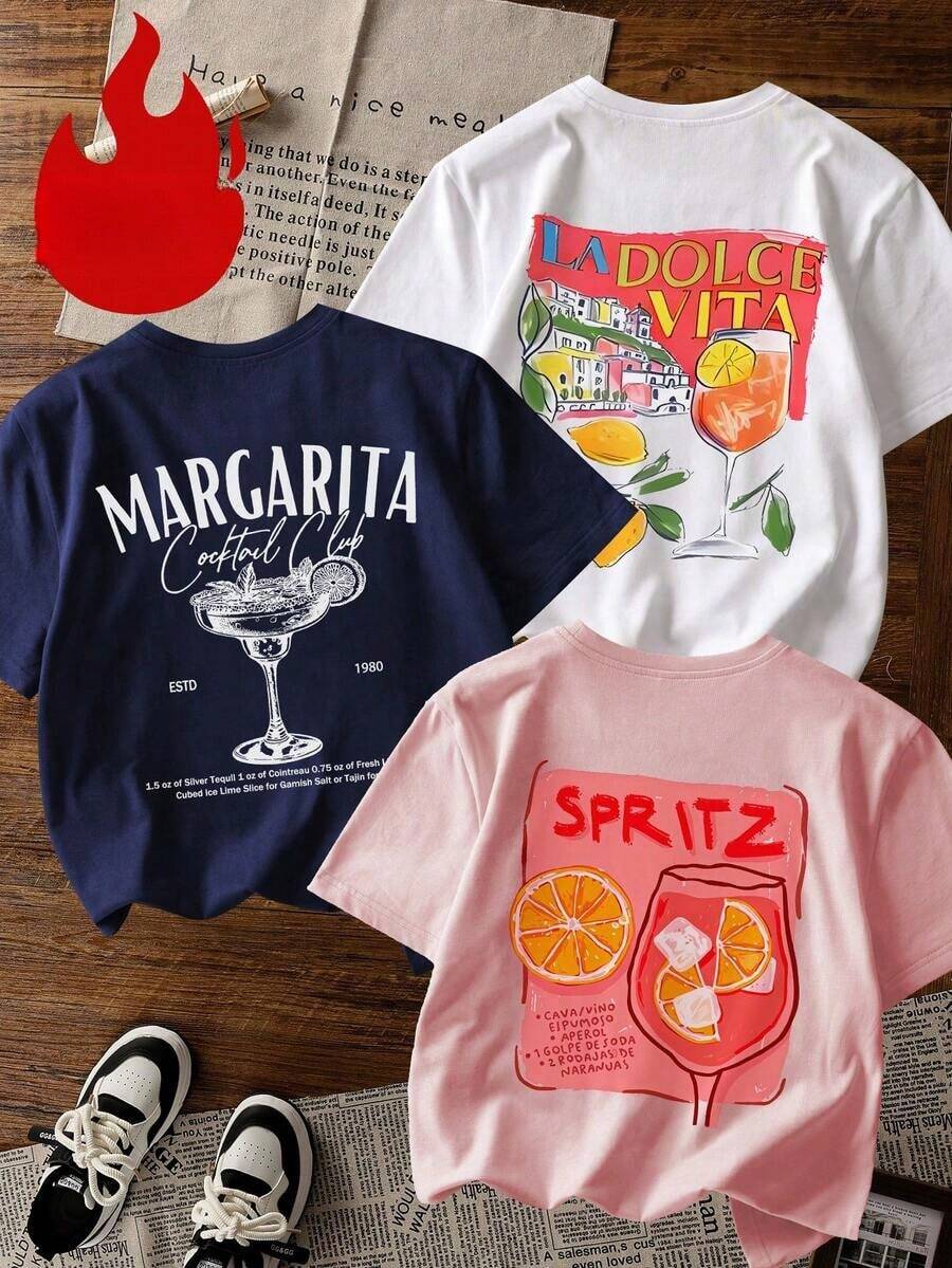 1 Piece Women's Loose Fit Crew Neck Short Sleeve T-Shirts With Cocktail Themed Prints Including "Margarita", "Sweet Life" And "Bubbles", Casual Fit, Suitable For Beach, Vacation, Brunch, Girls Night Out And Warm Weather - 白色 - 查看 1