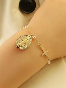 1 pieza Pulsera con colgante de cruz y perla de la Virgen María, regalo cristiano, regalo de fe, regalo de cruz, regalo de amistad - Dorado - Ver 6