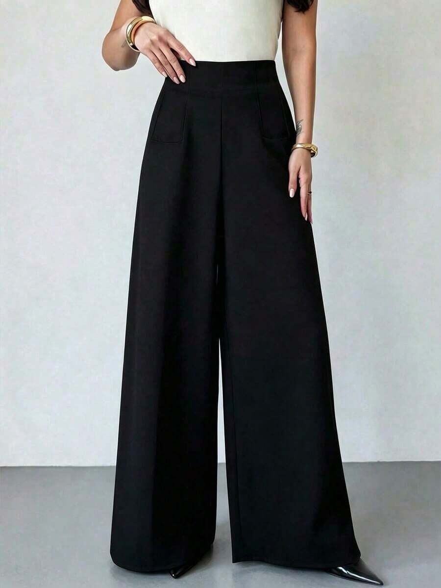 es texturizados de cintura alta y pierna ancha, casuales y elegantes, para volver a la escuela y al trabajo, para mujer - Negro - Ver 1
