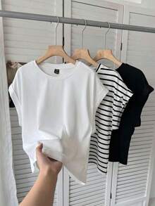 Set de 3 camisetas casuales de mujer de cuello redondo y hombros caídos, en blanco y negro + rayas blancas y negras, adecuadas para primavera y verano - Multicolor 4 - Ver 8