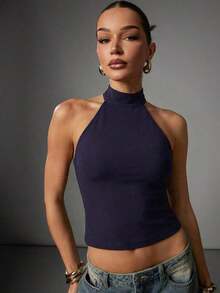 Top de tirantes ajustado y corto de color liso casual para mujer - Azul - Ver 1