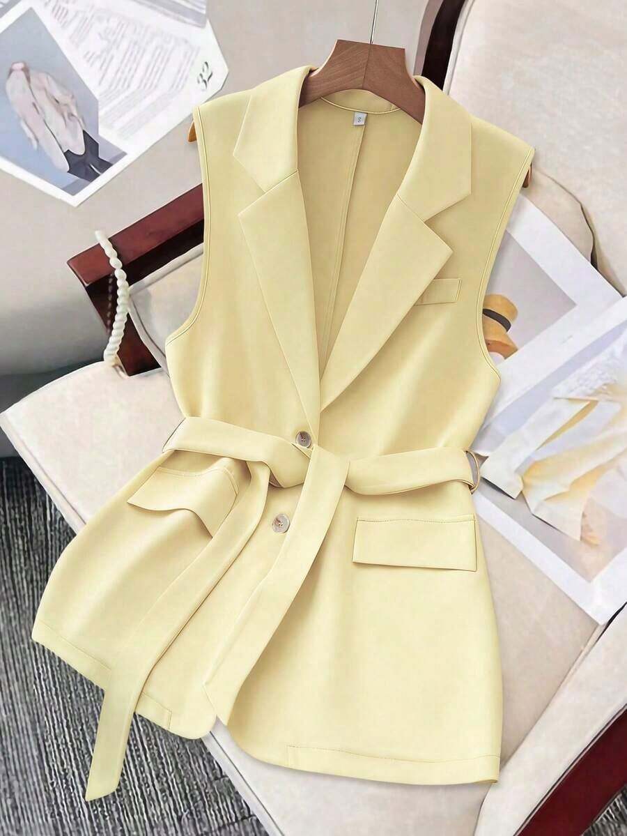 Chaleco de traje simple y casual de solapa, de una sola hilera y sin mangas - Amarillo - Ver 1