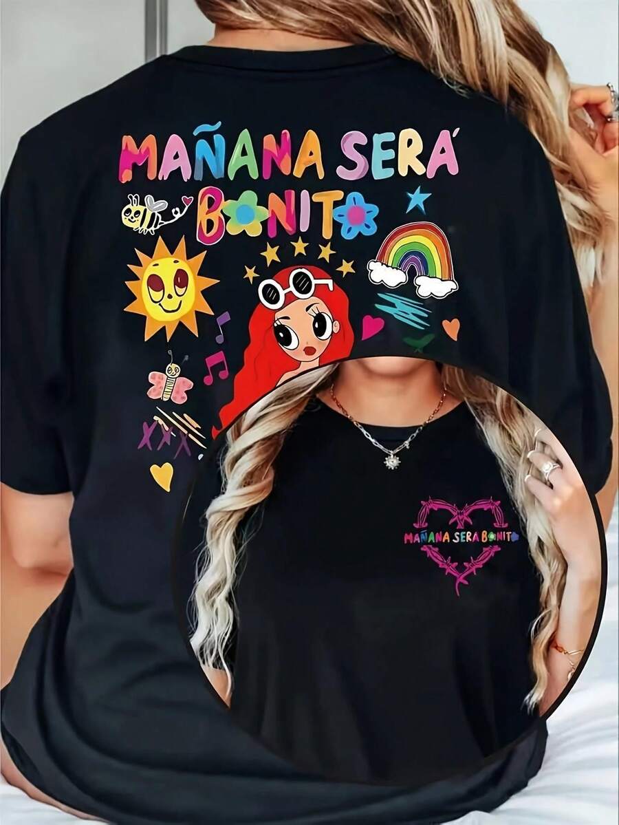Women's Casual Short-Sleeve T-Shirt With A Cartoon Print Of "MANANA Sera Bonito" And Spanish Phrases - Playful Design With Rainbows, Hearts, Stars, And Musical Notes, Relaxed Fit, Crew Neck, Machine Washable, Comfortable For All Seasons, Ideal For Casual Outfits And Themed Events - Inspired By Latin Culture, This Casual T-Shirt Is Perfect For Parties, Features A Vibrant Print, Medium-Stretch Fabric, Streetwear Style, And Is Easy To Wear. - 黑色 - 查看 1