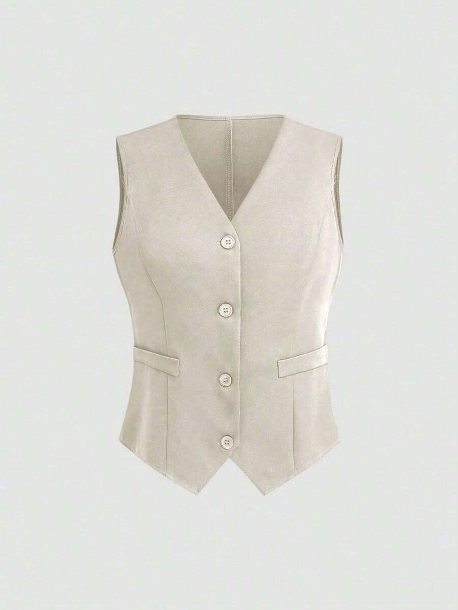 Chaleco minimalista de unicolor con cuello en V, sin mangas y con botones delanteros - Caqui - Ver 1
