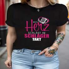 Camiseta informal de algodón de manga corta y cuello redondo para mujer con estampado único de texto alemán, cómoda prenda de estilo urbano. - Negro - Ver 1
