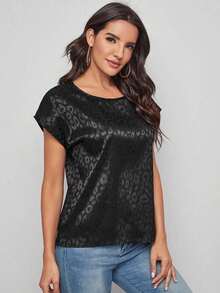 Clasi Top de manga murciélago de leopardo jacquard de satén - Negro - Ver 5