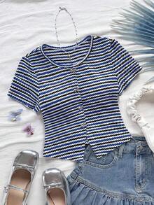 Blusa casual de verano para mujeres, top blanco de manga corta con cuello redondo y estampado floral, para vacaciones de verano - Multicolor - Ver 8