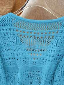 Top de punto nuevo de color sólido, cárdigan de encaje de ganchillo hueco, suéter de punto ligero y versátil para mujer. - Agua verde azul - Ver 4
