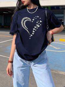 Women's Summer Top With A Simple Slogan Print, Loose Fit, Round Neck, Short Sleeves, Casual Style, Ideal For Vacation. Fashionable Top For Everyday Wear And Holidays. - 海軍藍 - 查看 7