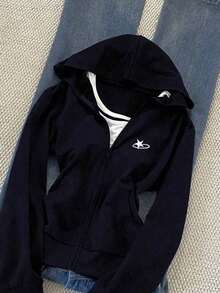 Sudadera con capucha ajustada y versátil con bordado para mujer - Azul marino - Ver 3