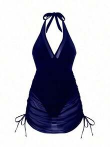 Swim Vcay Vestido de baño texturizado sin aros, negro sólido, para mujer, ideal para vacaciones de primavera, fiestas casuales de verano y playas - Azul marino - Ver 4
