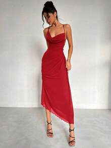 Vestido de estilo elegante y romántico para mujer, adecuado para fiesta, vacaciones, vuelta al colegio, cita romántica y boda, vestido de fiesta con escote en pico, cuello halter, espalda descubierta, efecto fruncido y lazo - Rojo - Ver 6