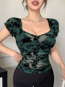 Blusa de manga corta con cuello cuadrado, fruncido y estampado floral de malla, top de verano lindo para mujer - Verde - Ver 5