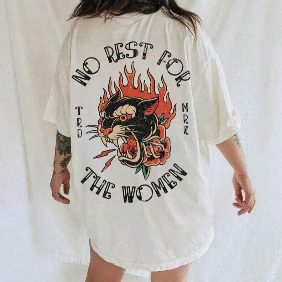 % Cotton No Rest Women's Rad Tee Feminism T-Shirt Vintage Tattoo Style Girl Power T-Shirt Women's Rights Activist T-Shirt - Unisex For Women And Men, Everyday Campus Wear - 杏色 - 查看 1