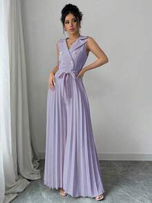 Mono elegante de mujer con diseño de doble botonadura y plisado en color albaricoque, para primavera y otoño - Púrpura malva - Ver 3