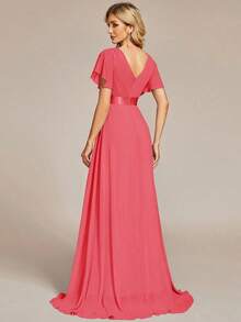 Vestido de dama de honor con cuello en V elegante, mangas con volantes y mariposa, color verde salvia, vestido de invitada de boda, vestido de primavera semi-formal para boda, fiesta de cumpleaños, graduación, Día de San Valentín - Rosado Sandía - Ver 2