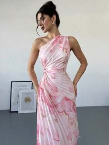 vestido de mujer para primavera/verano de estilo casual, vacacional, romántico, elegante, para citas, con estampado de teñido anudado, cintura hueca, volantes en el bajo y un solo hombro - Rosa - Ver 4