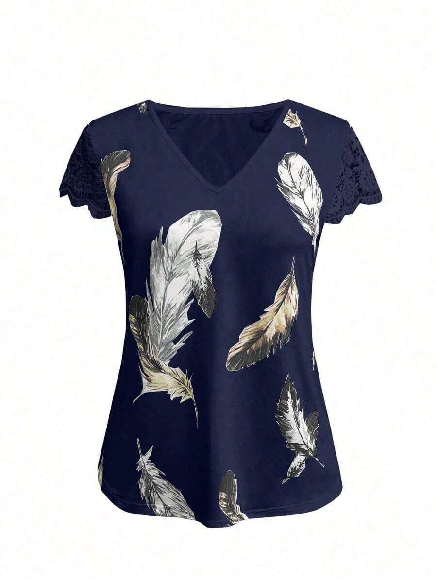 Camiseta de manga corta con parche de encaje en color liso, versátil y casual - Multicolor - Ver 1