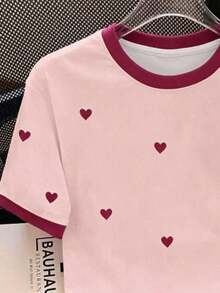 Camiseta casual versátil de manga corta con cuello redondo y estampado de corazón para mujer de talla grande - Blanco - Ver 3